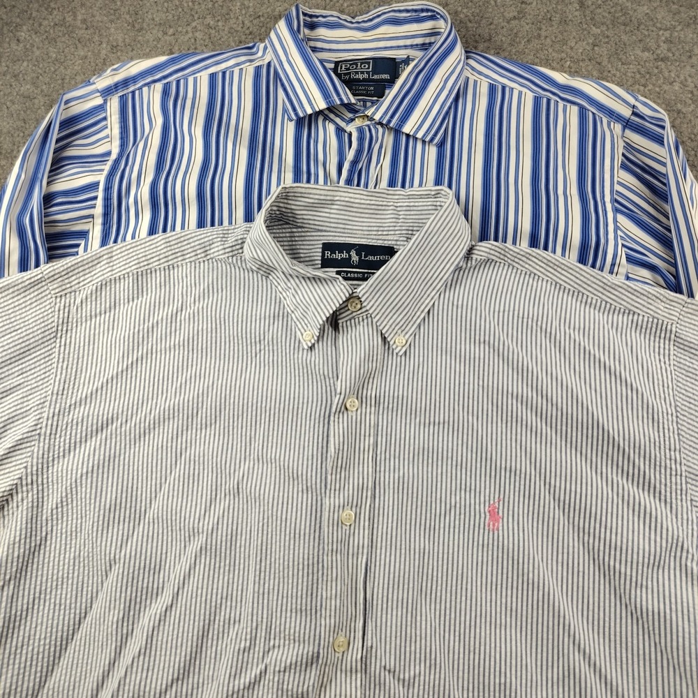 Ralph Lauren Cotton Button Up Mens XL Stanton Seersucker Blue Striped Lot EUC